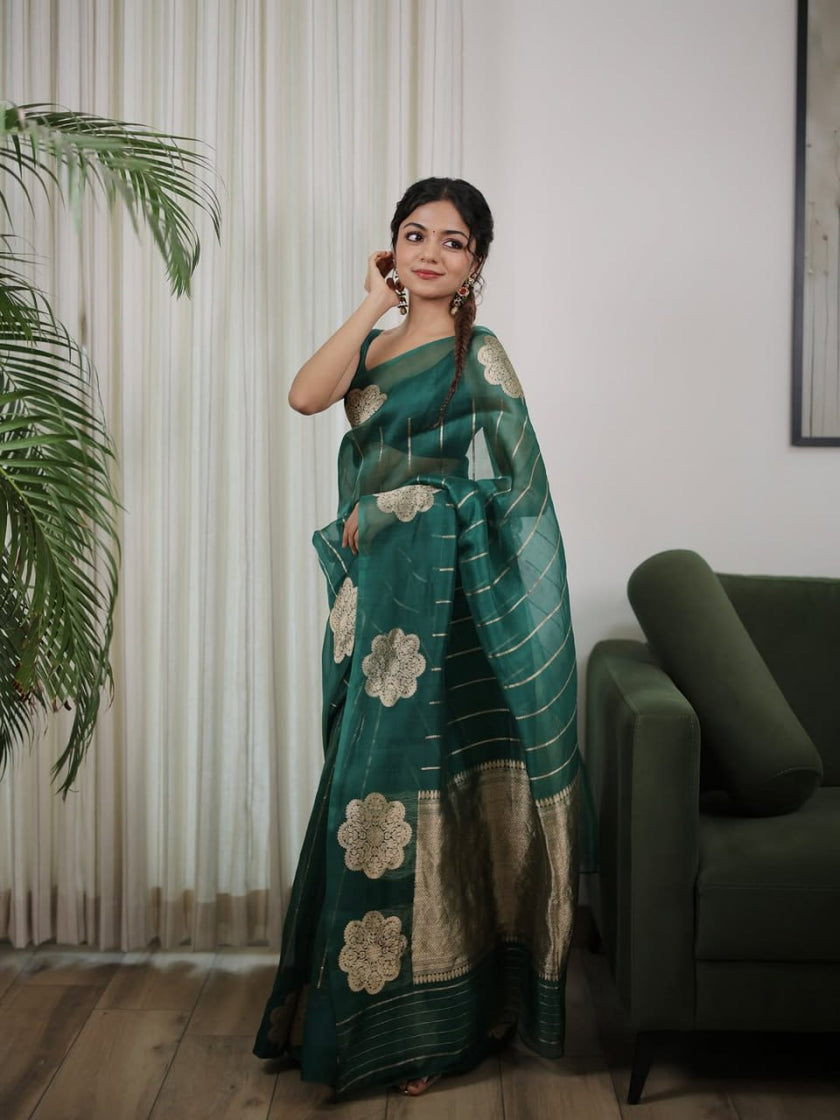 Elegant Teal Green Saree with Floral Motifs & Fine Gold Stripes