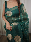 Elegant Teal Green Saree with Floral Motifs & Fine Gold Stripes