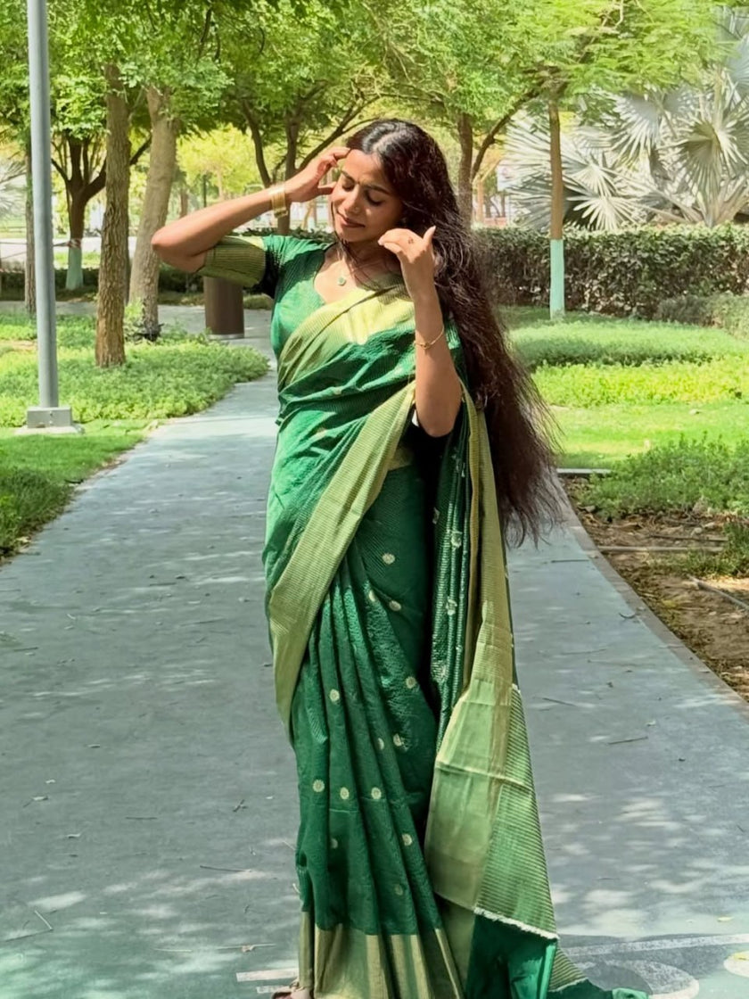 Elegant Green Silk Saree with Gold Zari Motifs & Contrast Border