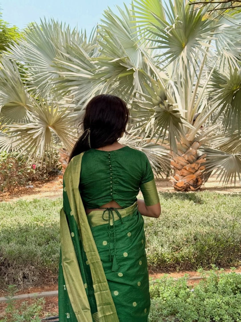 Elegant Green Silk Saree with Gold Zari Motifs & Contrast Border