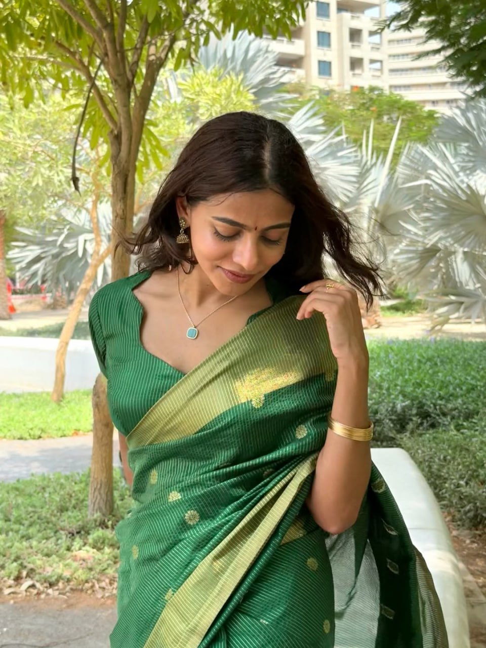 Elegant Green Silk Saree with Gold Zari Motifs & Contrast Border
