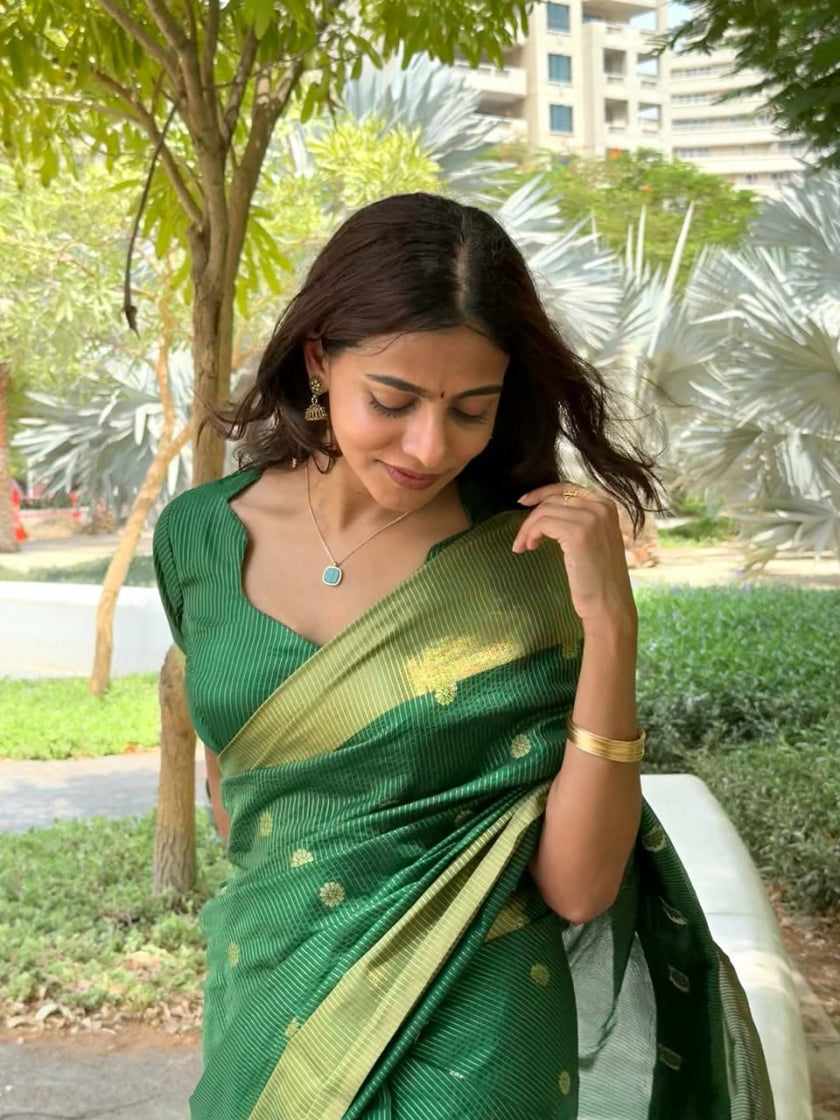 Elegant Green Silk Saree with Gold Zari Motifs & Contrast Border