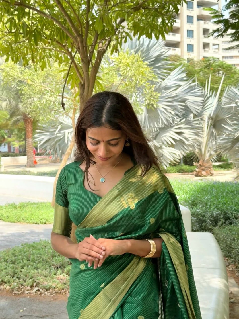 Elegant Green Silk Saree with Gold Zari Motifs & Contrast Border