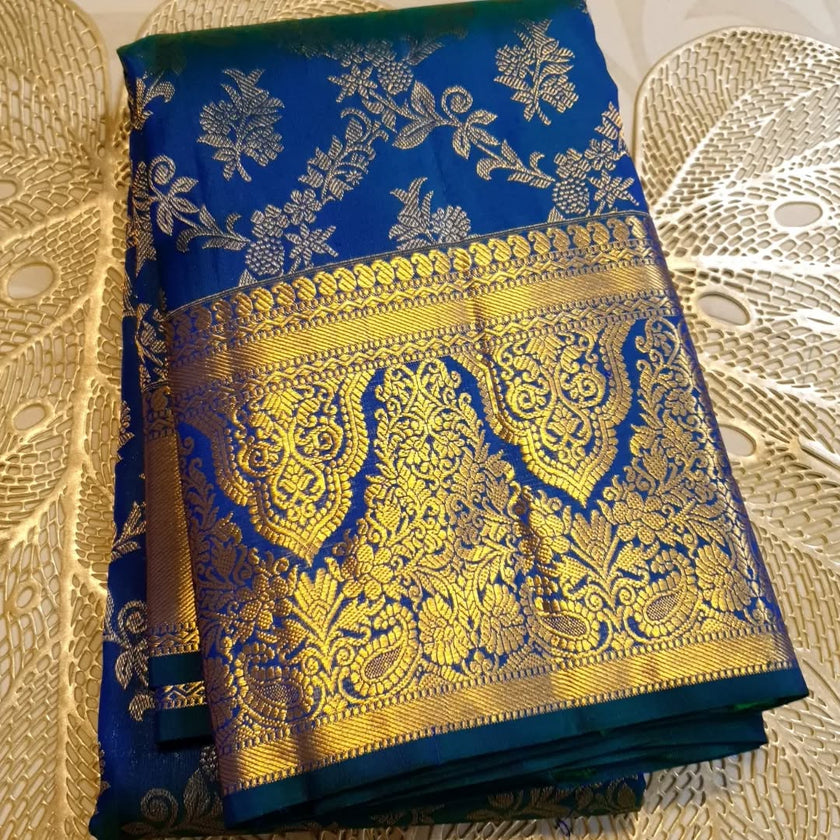Royal Blue Silk Saree with Intricate Gold Zari Floral Border