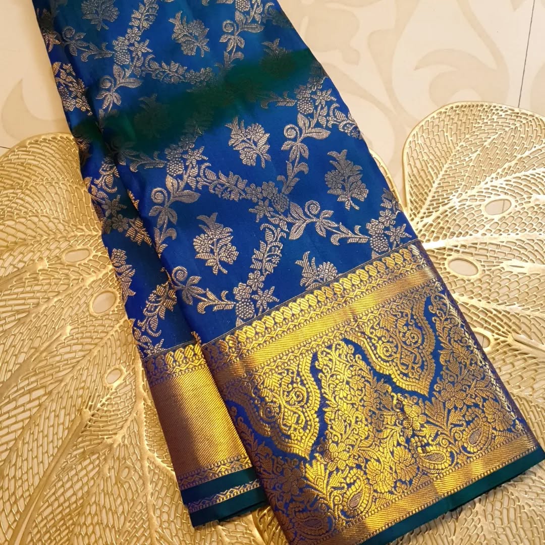 Royal Blue Silk Saree with Intricate Gold Zari Floral Border
