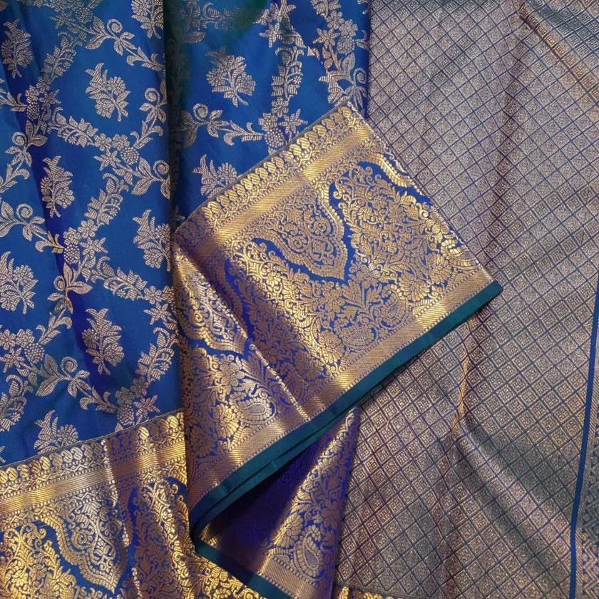 Royal Blue Silk Saree with Intricate Gold Zari Floral Border