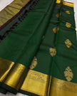 Elegant Emerald Green Silk Saree with Antique Gold Zari Peacock Motifs & Rich Border