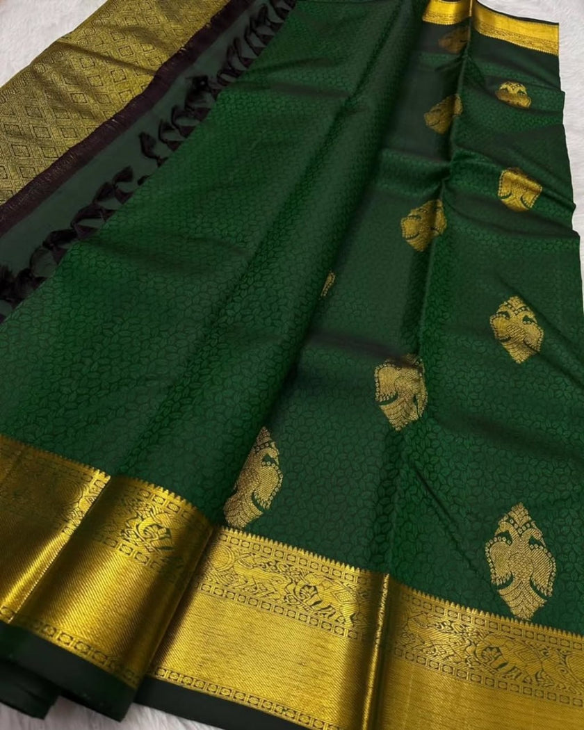 Elegant Emerald Green Silk Saree with Antique Gold Zari Peacock Motifs & Rich Border