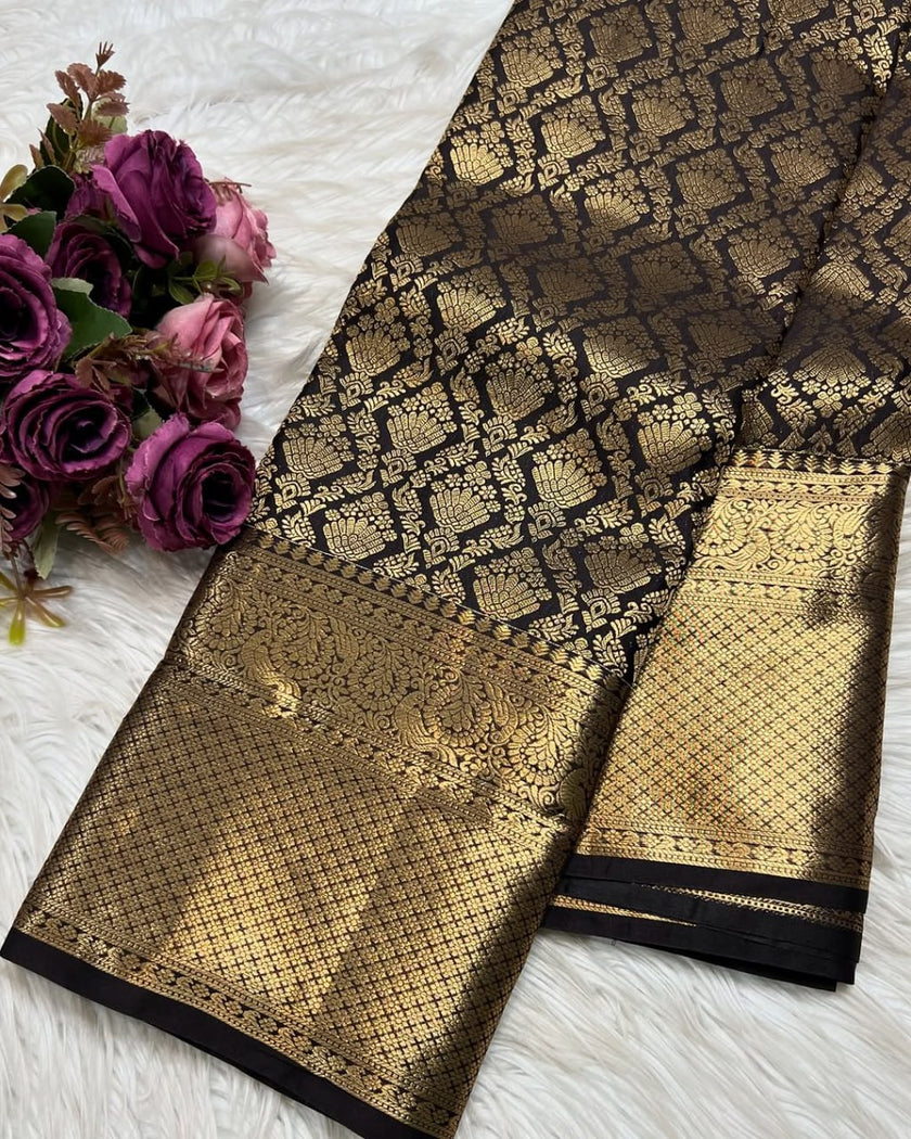 Elegant Black Silk Saree with Antique Gold Woven Zari