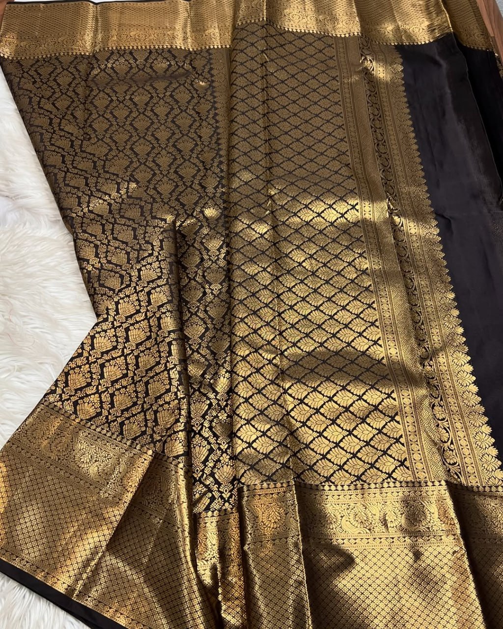 Elegant Black Silk Saree with Antique Gold Woven Zari