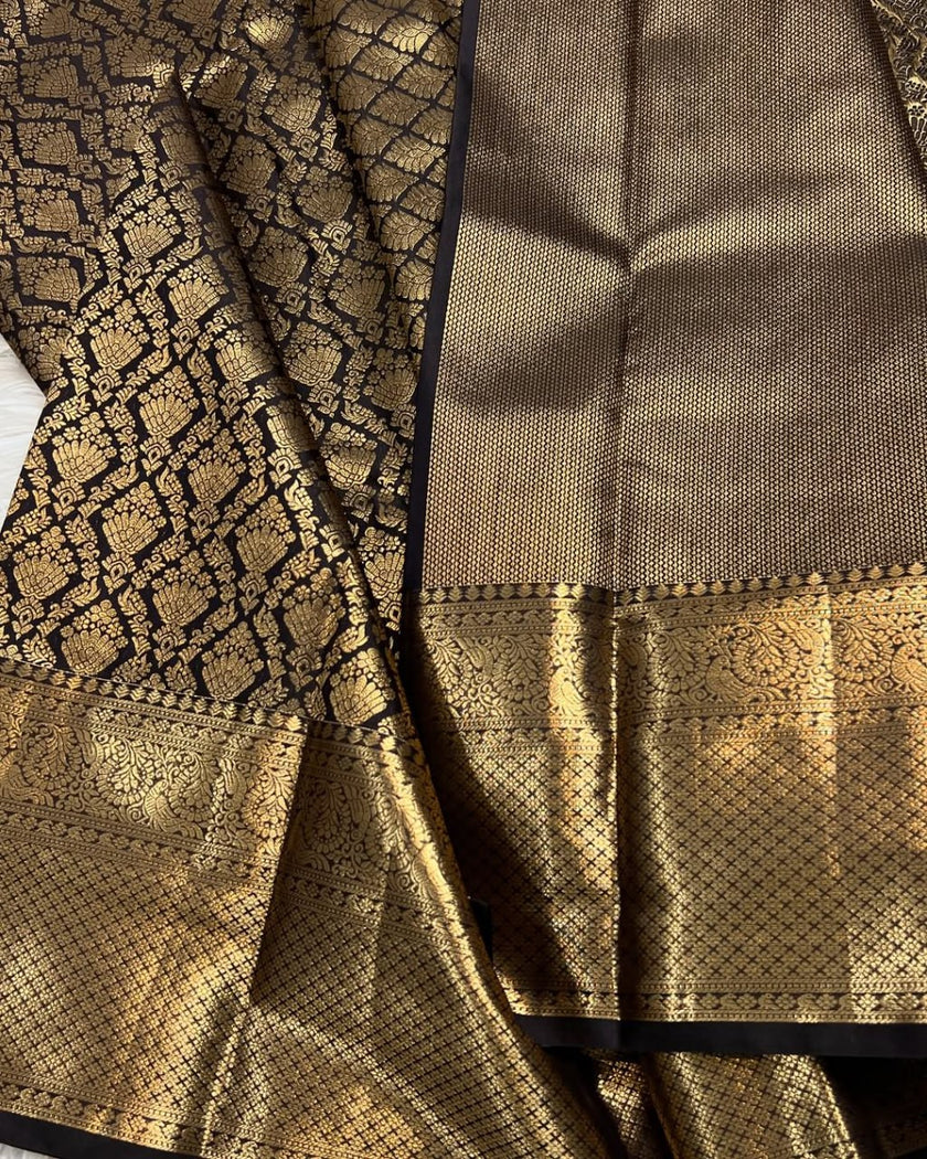 Elegant Black Silk Saree with Antique Gold Woven Zari