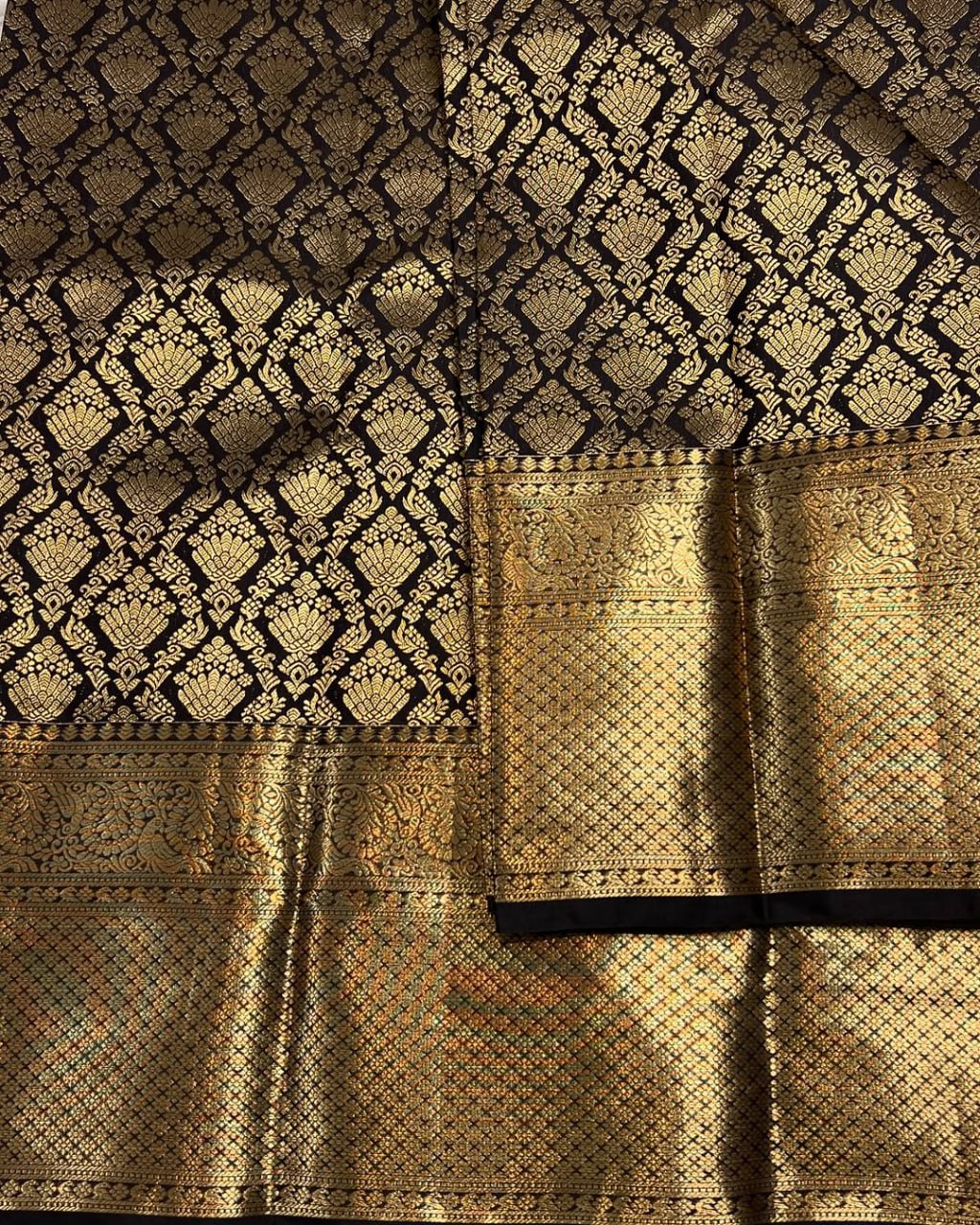 Elegant Black Silk Saree with Antique Gold Woven Zari