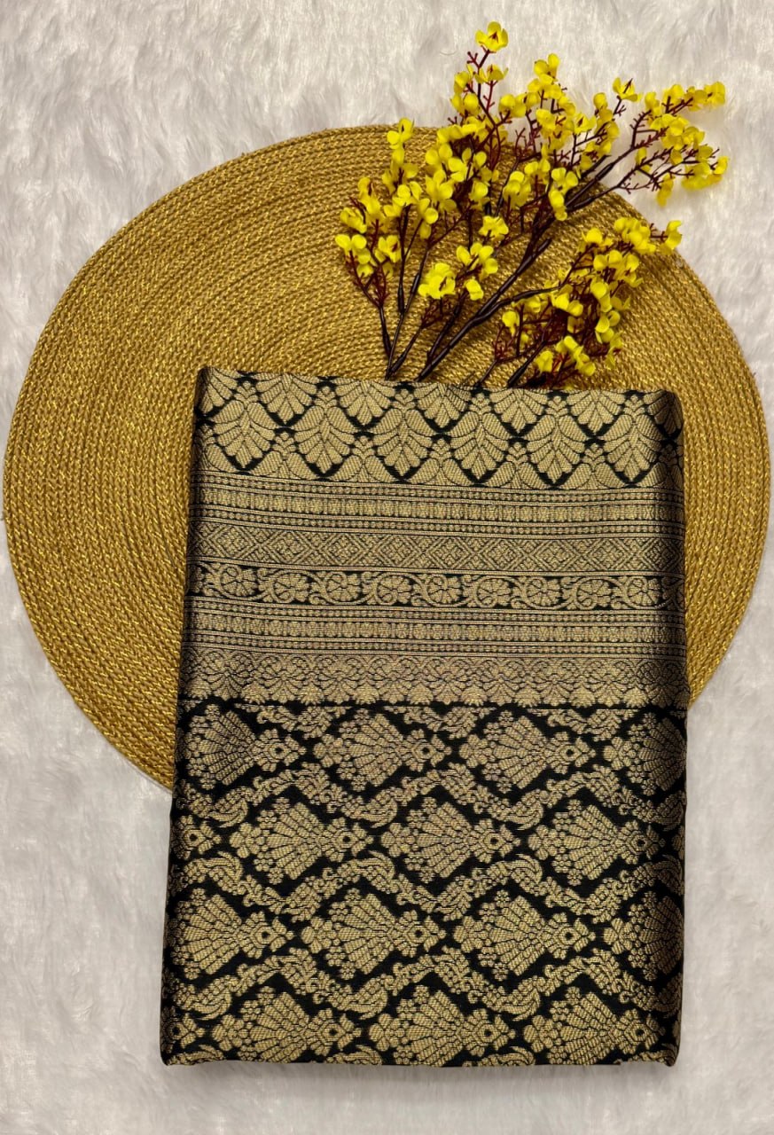 Elegant Black Silk Saree with Antique Gold Woven Zari