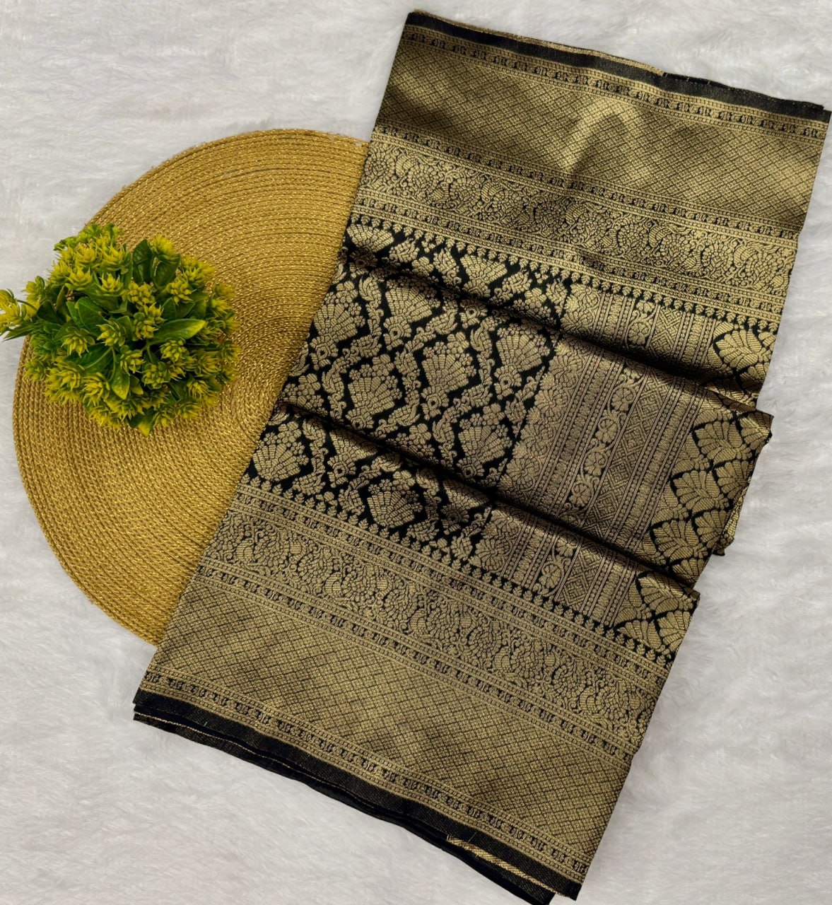 Elegant Black Silk Saree with Antique Gold Woven Zari