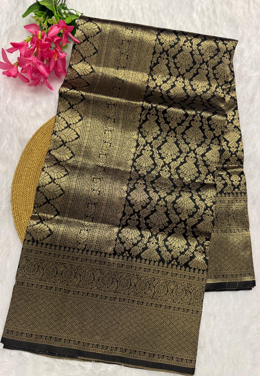 Elegant Black Silk Saree with Antique Gold Woven Zari