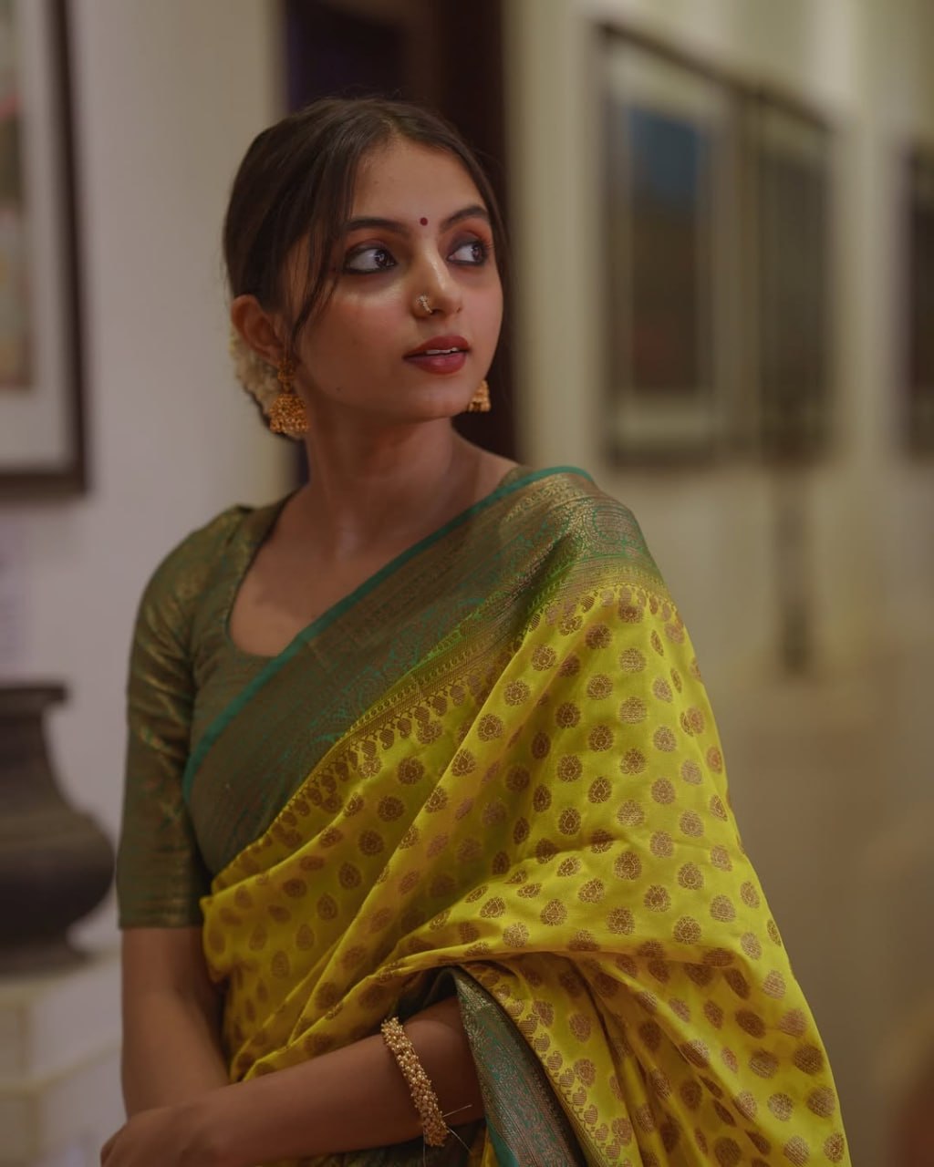 Lime Yellow Woven Silk Saree with Green Zari Border