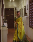 Lime Yellow Woven Silk Saree with Green Zari Border