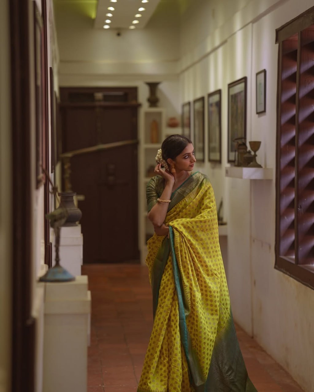 Lime Yellow Woven Silk Saree with Green Zari Border