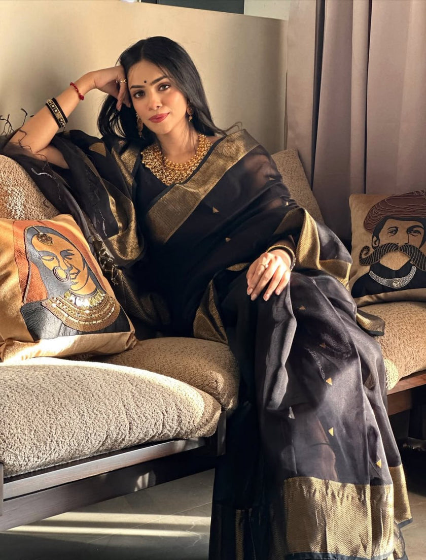 Black Silk Saree with Antique Gold Zari Border
