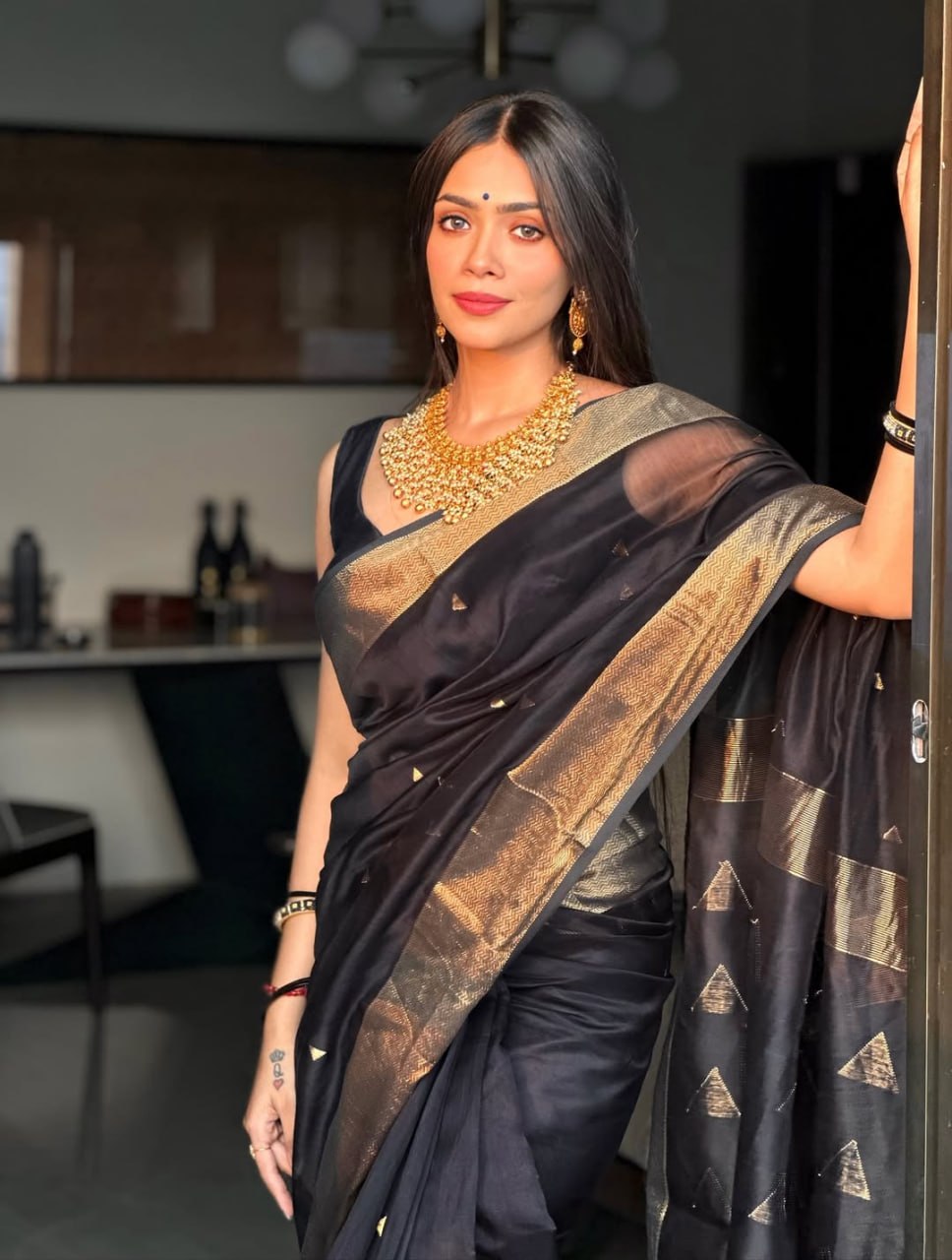 Black Silk Saree with Antique Gold Zari Border