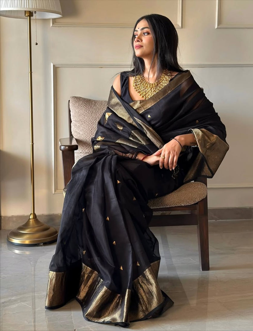 Black Silk Saree with Antique Gold Zari Border
