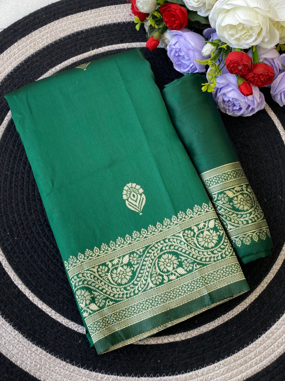 Emerald Green Woven Silk Saree with Gold Zari Floral Border