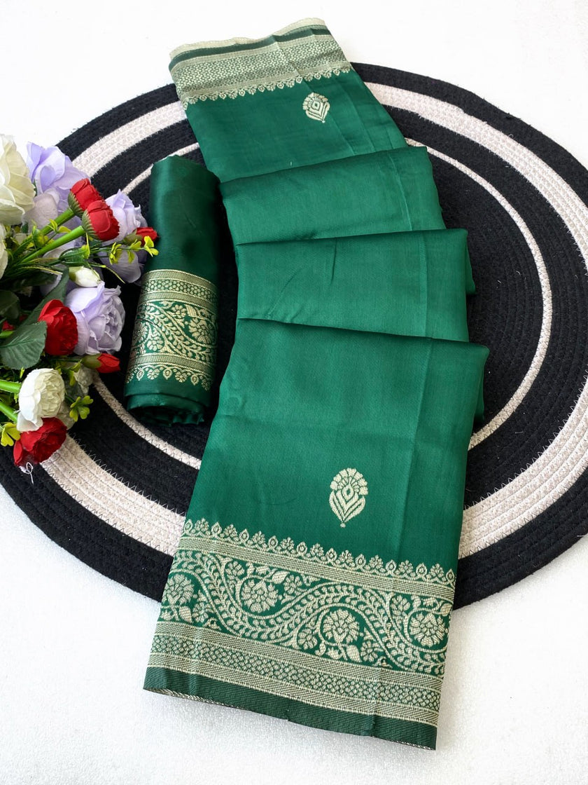 Emerald Green Woven Silk Saree with Gold Zari Floral Border