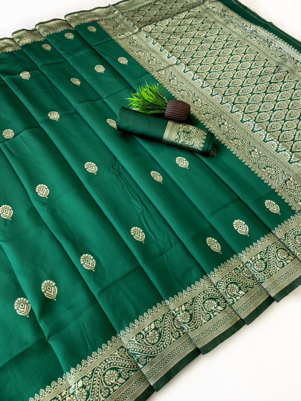 Emerald Green Woven Silk Saree with Gold Zari Floral Border