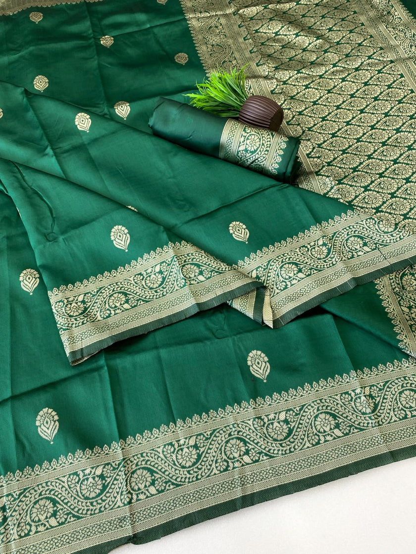 Emerald Green Woven Silk Saree with Gold Zari Floral Border