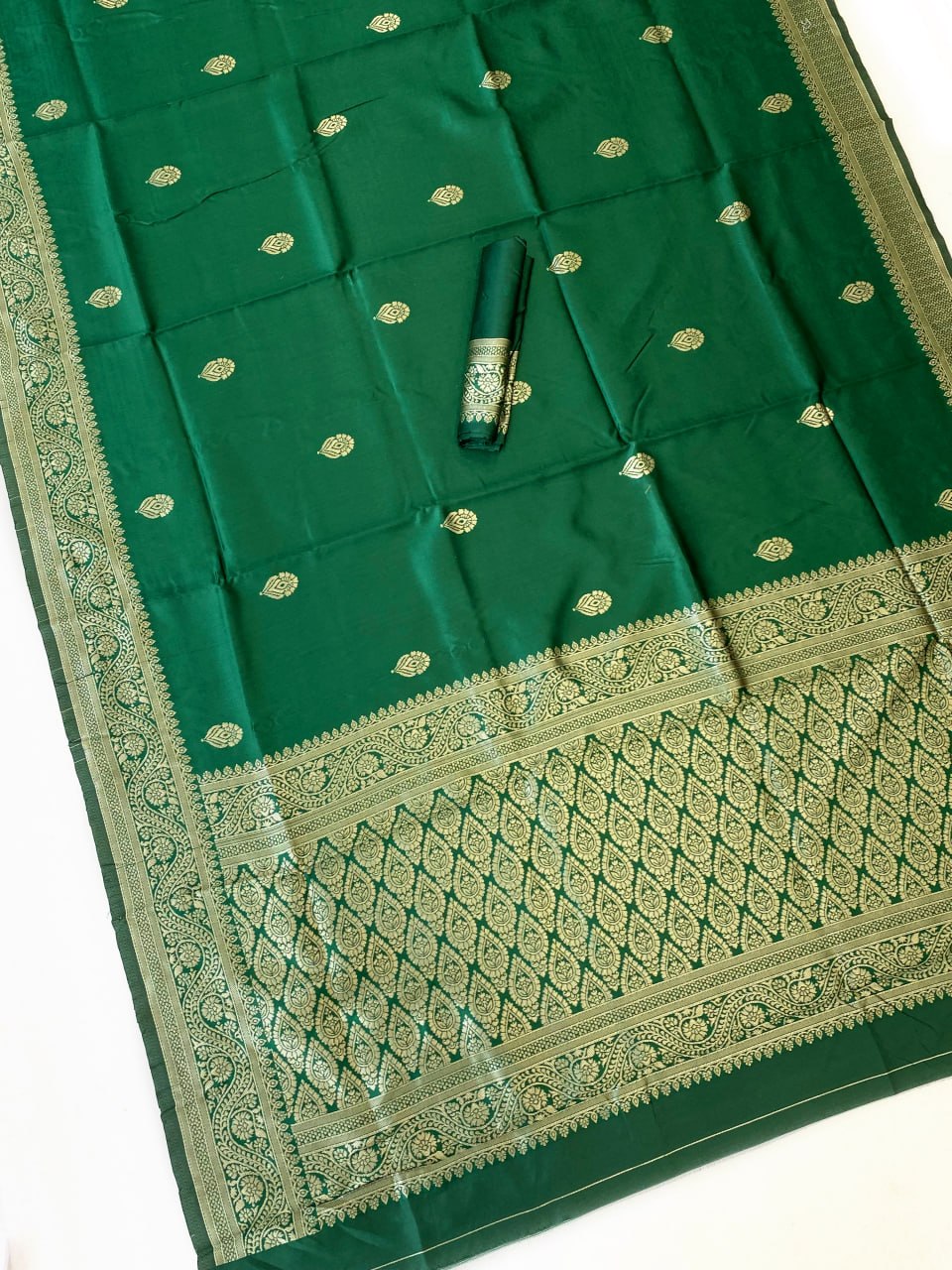 Emerald Green Woven Silk Saree with Gold Zari Floral Border