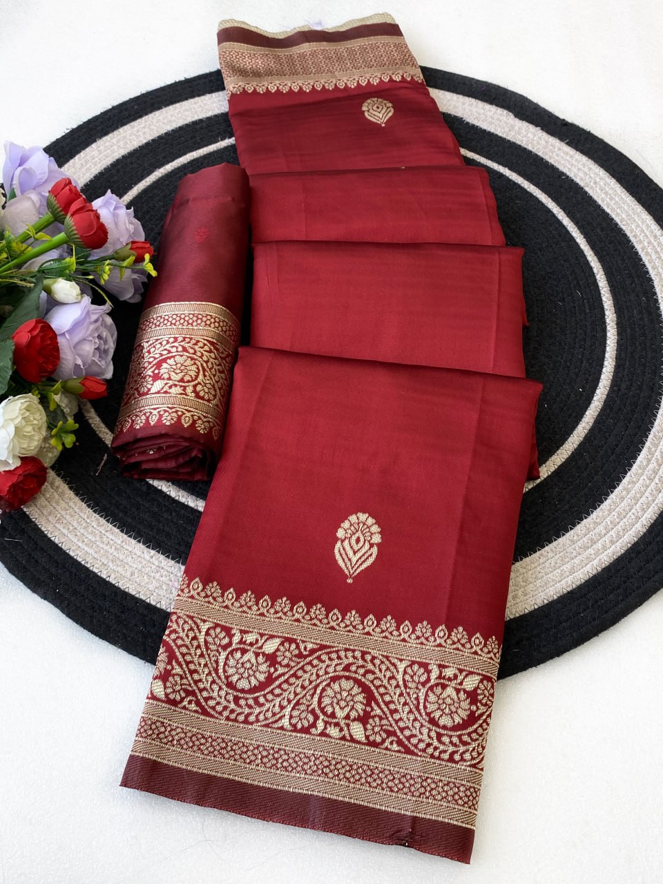 Maroon Silk Saree with Gold Zari Border