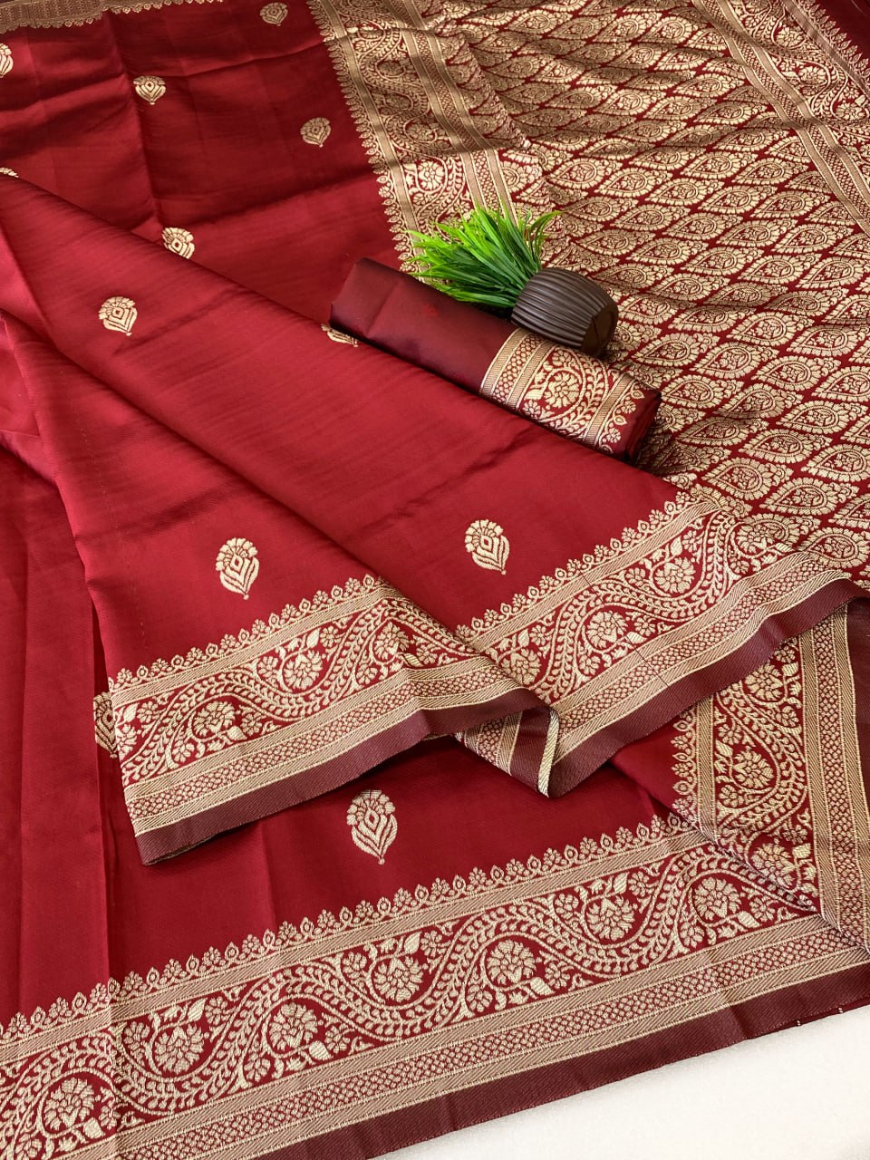 Maroon Silk Saree with Gold Zari Border