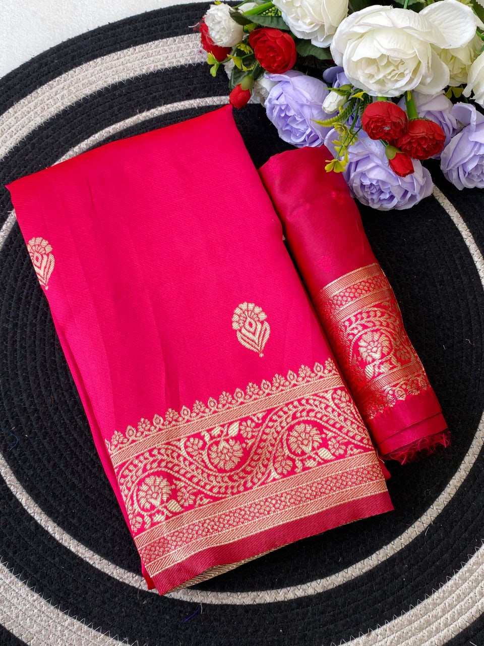 Vibrant Pink Silk Saree with Gold Zari Border