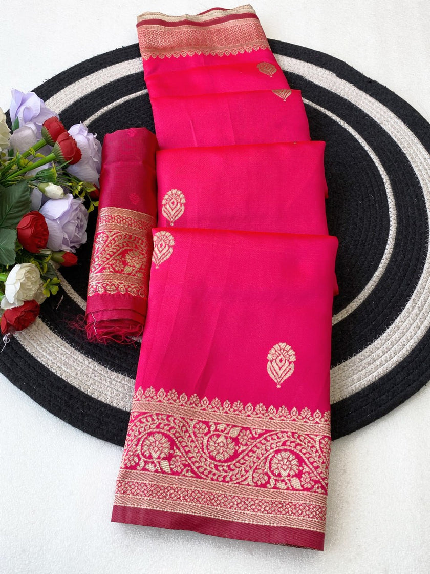 Vibrant Pink Silk Saree with Gold Zari Border