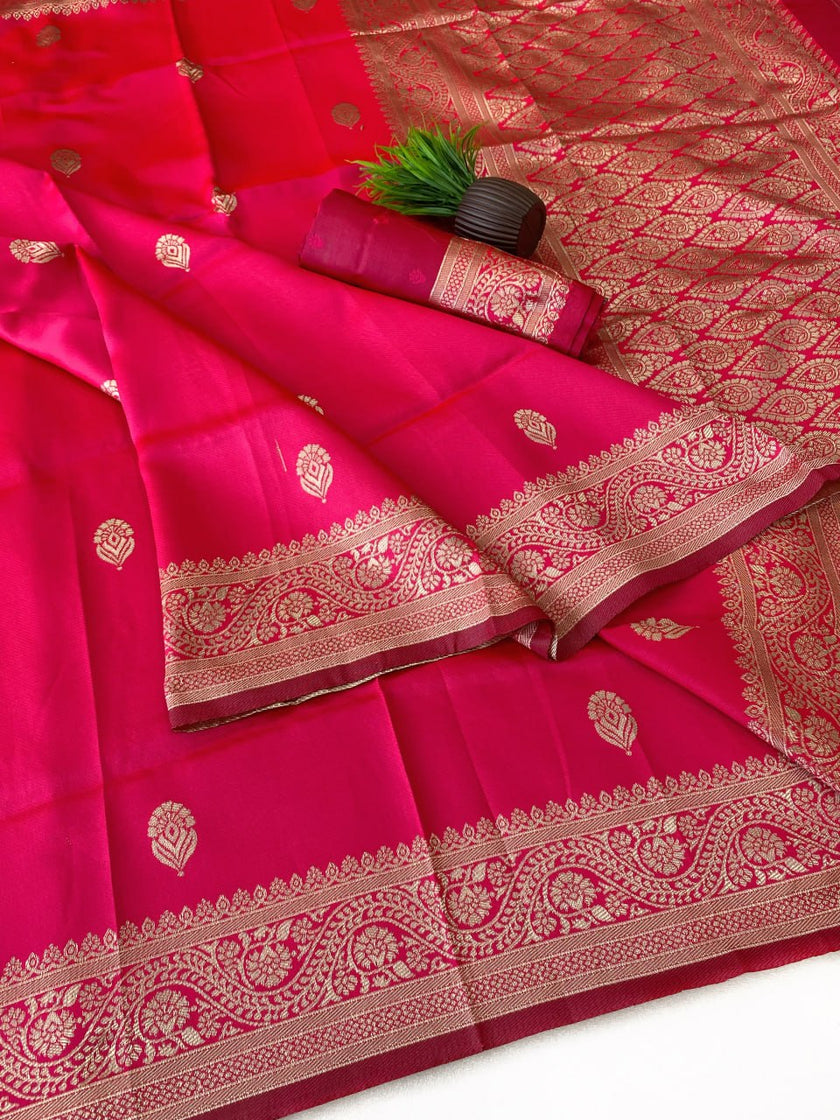Vibrant Pink Silk Saree with Gold Zari Border