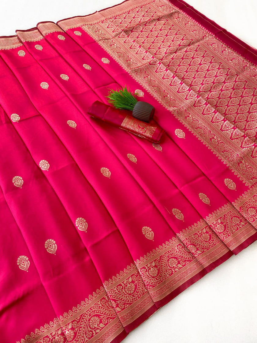Vibrant Pink Silk Saree with Gold Zari Border