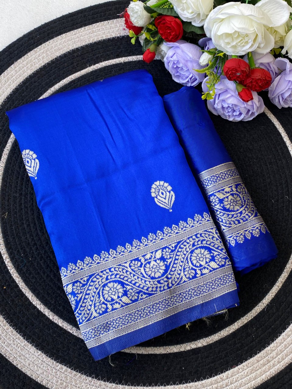 Royal Blue Silk Saree with Silver Zari Border