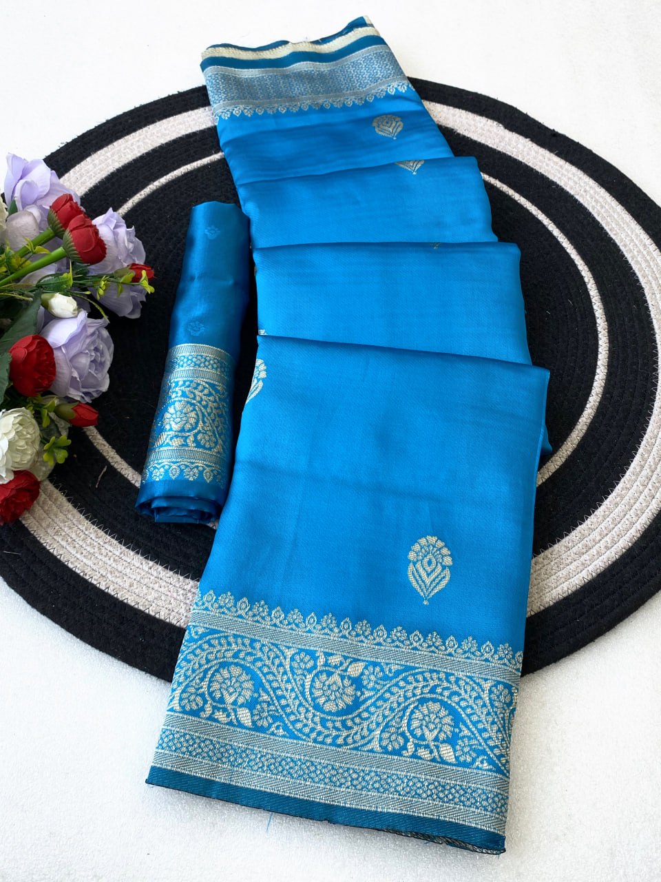 Vibrant Blue Silk Saree with Antique Gold Zari Border