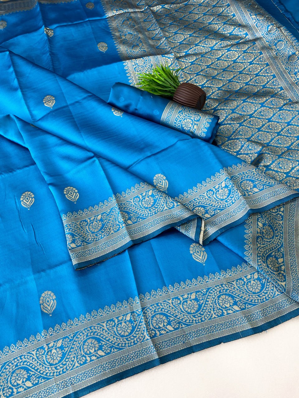Vibrant Blue Silk Saree with Antique Gold Zari Border