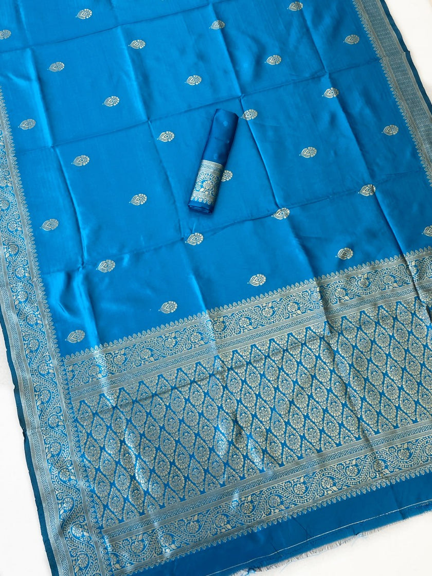 Vibrant Blue Silk Saree with Antique Gold Zari Border