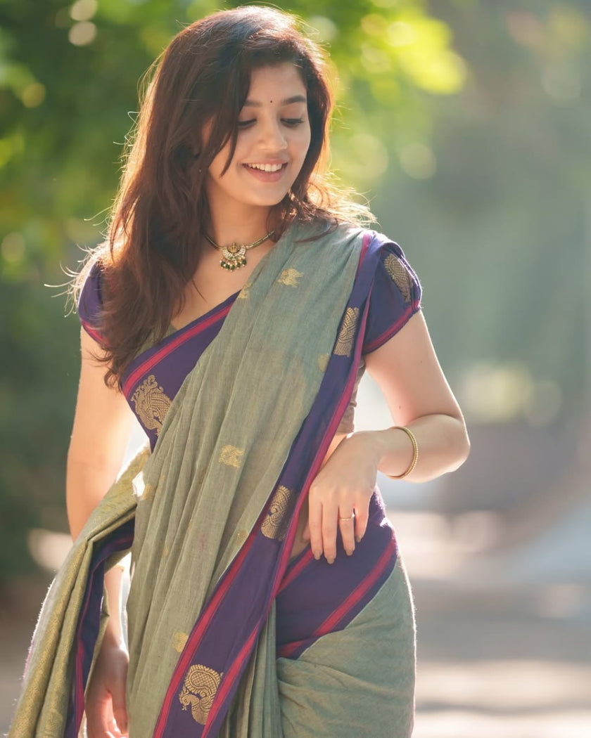 Sage Green & Royal Blue Silk Saree