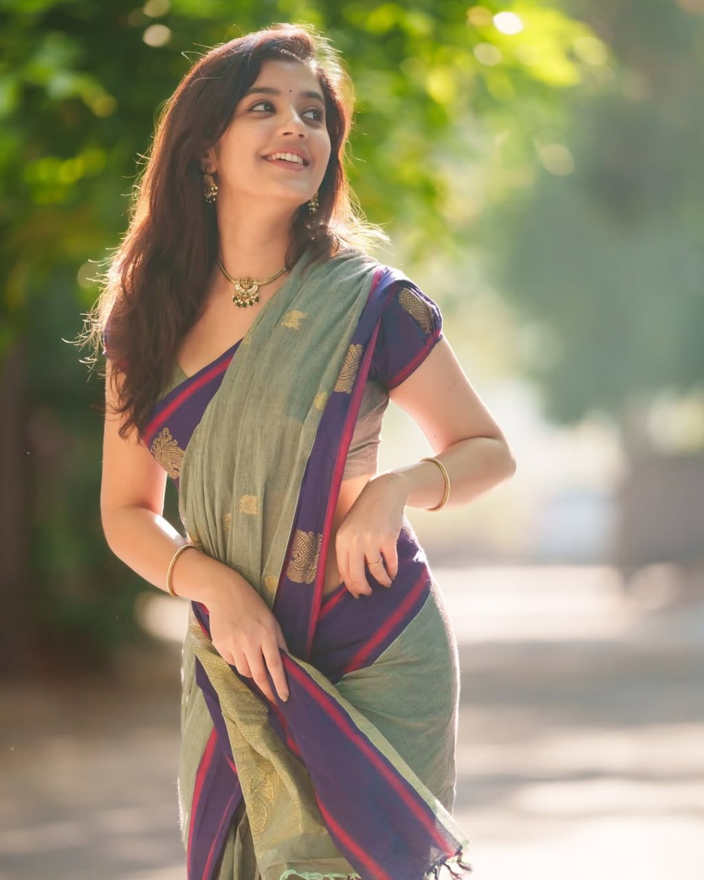 Sage Green & Royal Blue Silk Saree