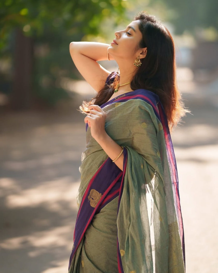 Sage Green & Royal Blue Silk Saree