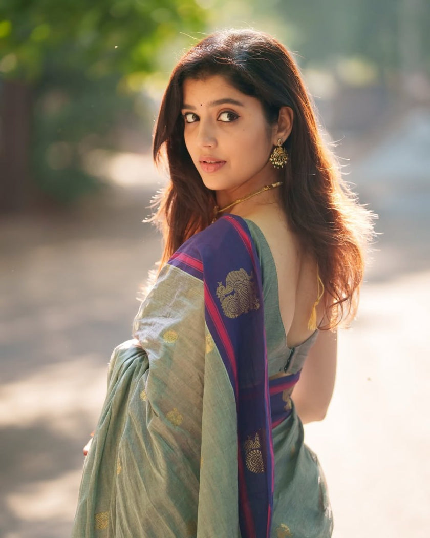 Sage Green & Royal Blue Silk Saree