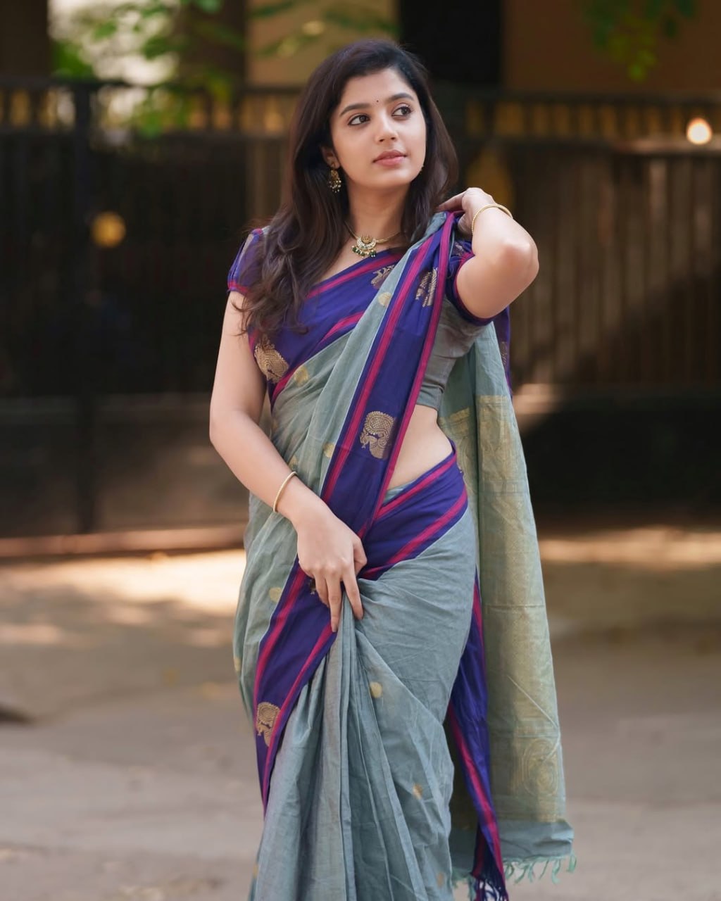 Sage Green & Royal Blue Silk Saree