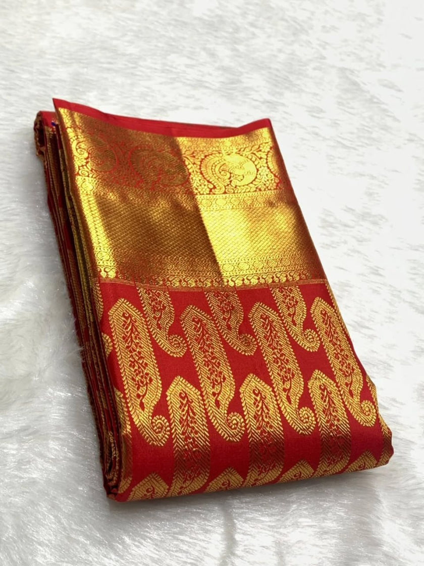 Red & Gold Banarasi Silk Saree with Paisley Zari Border