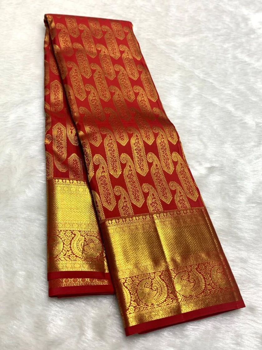 Red & Gold Banarasi Silk Saree with Paisley Zari Border