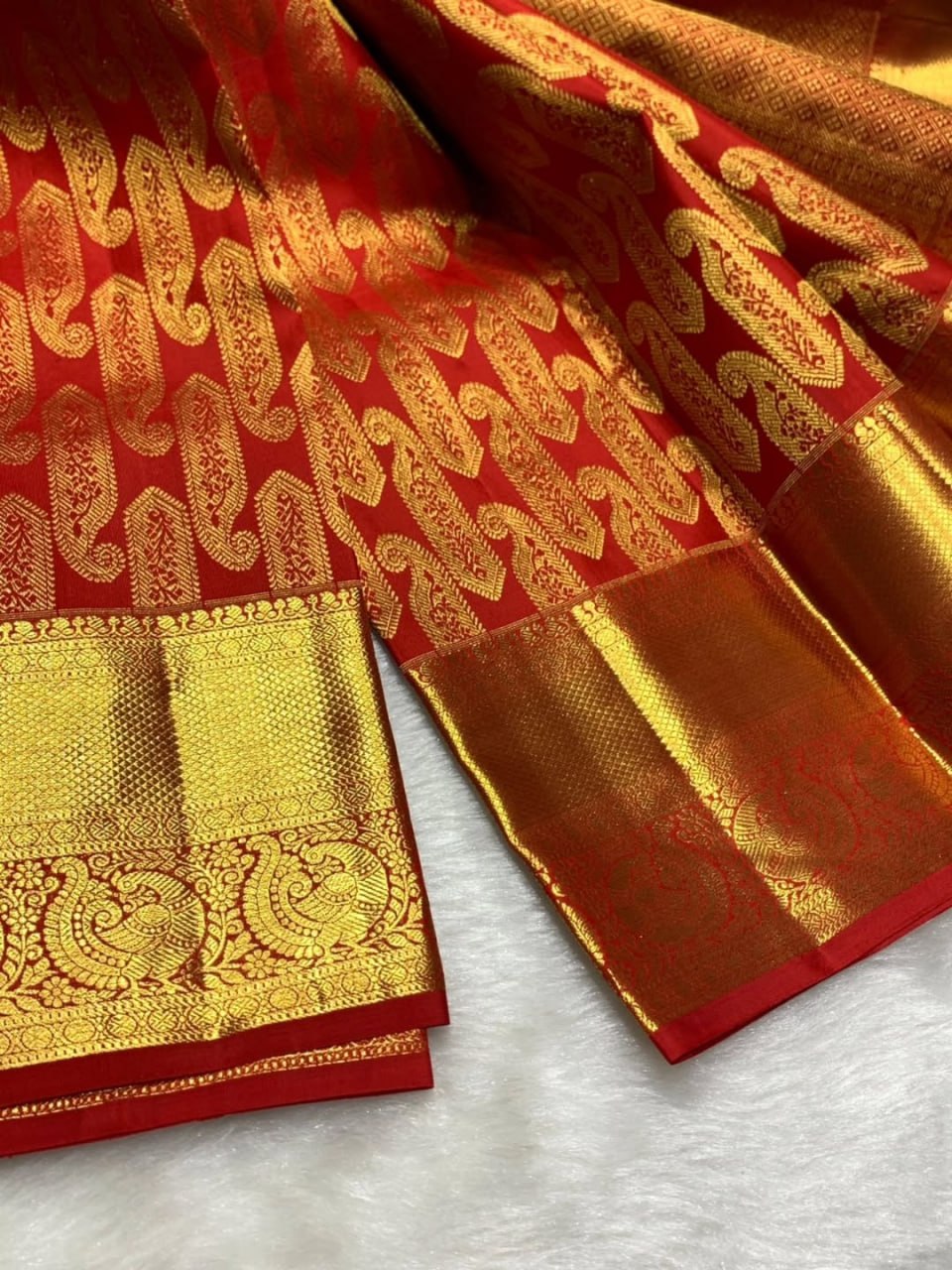 Red & Gold Banarasi Silk Saree with Paisley Zari Border