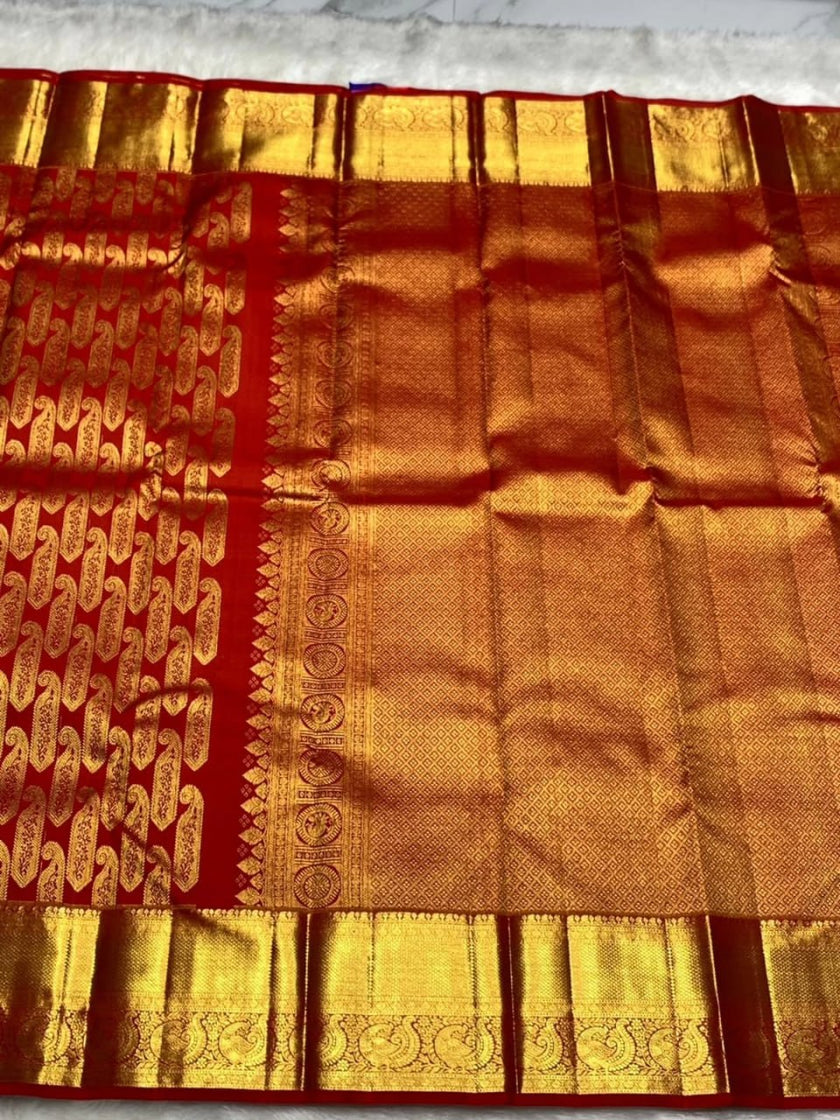 Red & Gold Banarasi Silk Saree with Paisley Zari Border