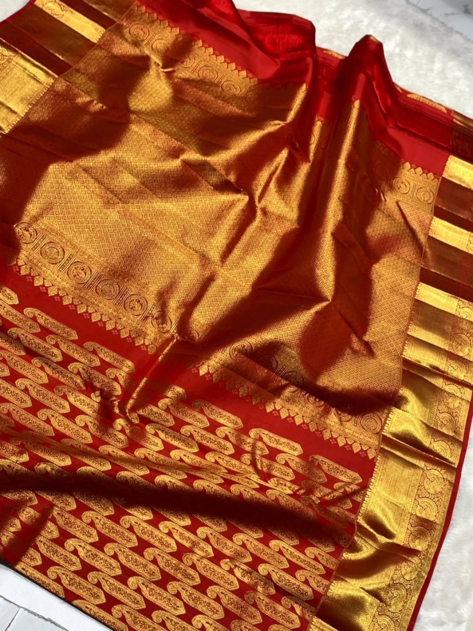 Red & Gold Banarasi Silk Saree with Paisley Zari Border